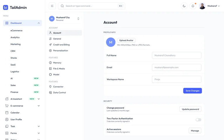 TailAdmin — Account settings demo preview