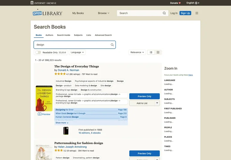 Open Library — Book search — captured design reference