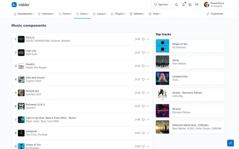 Tabler — Music demo preview