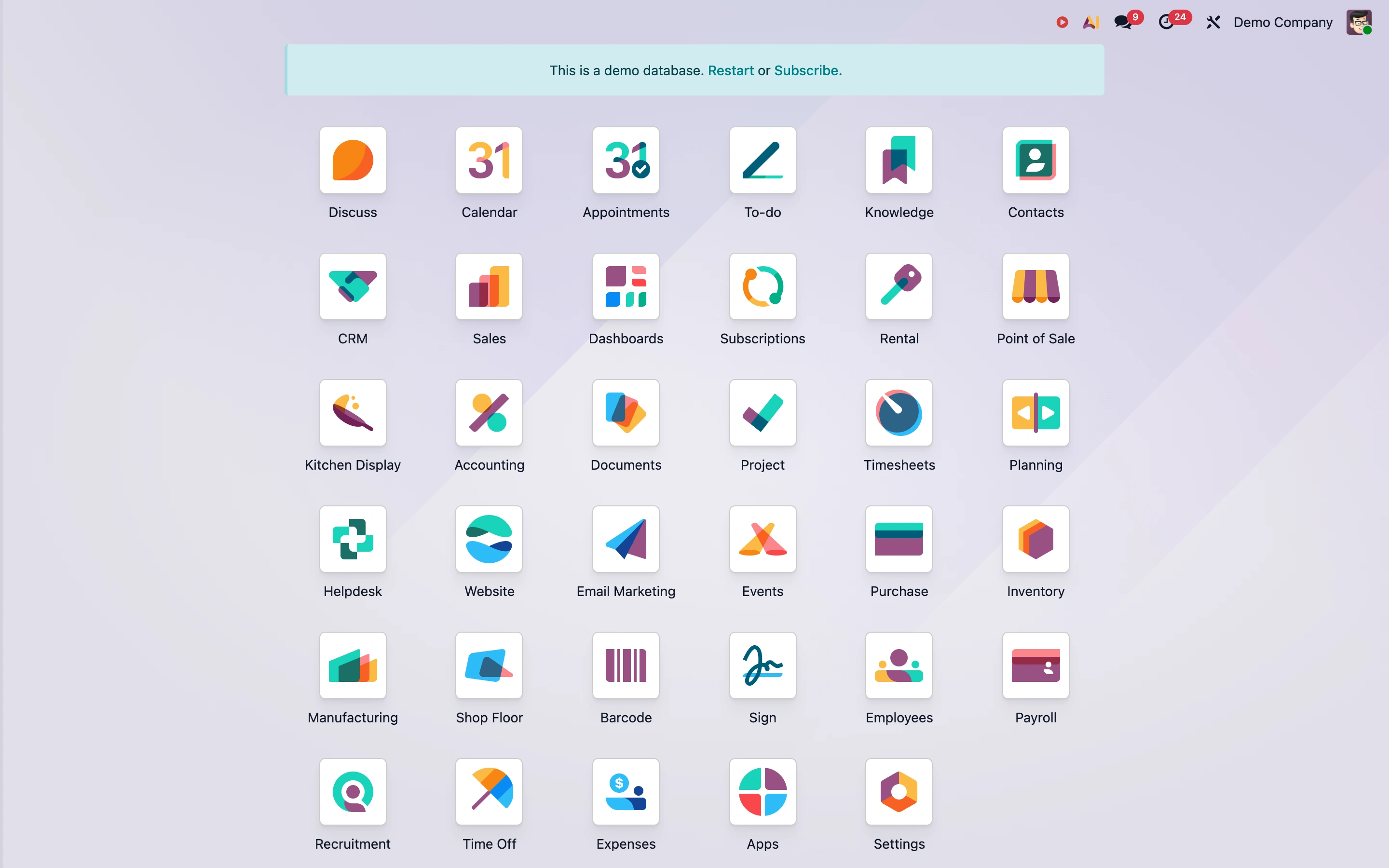 Odoo — Public demo — captured interface