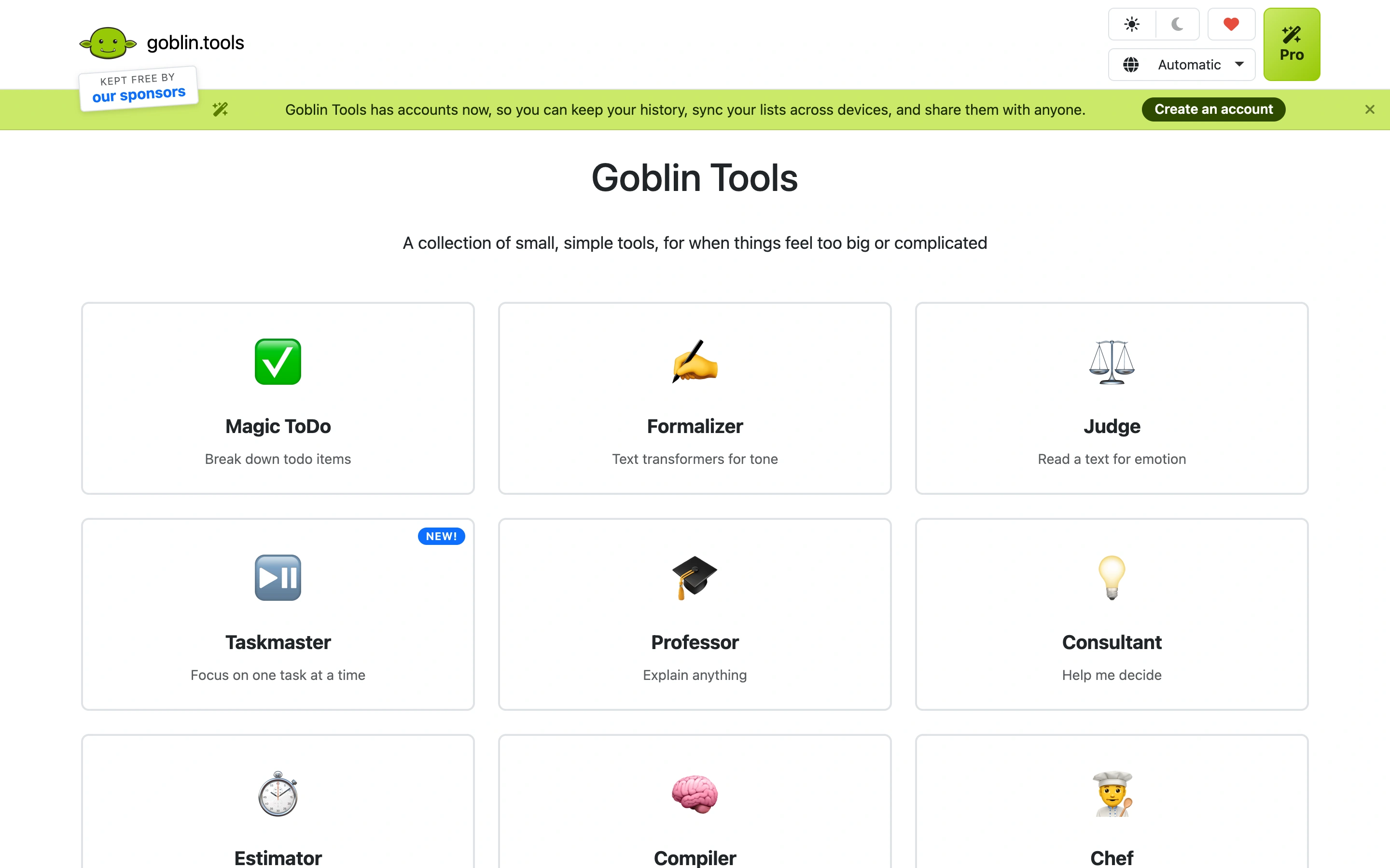 Goblin Tools — Tool directory — captured interface
