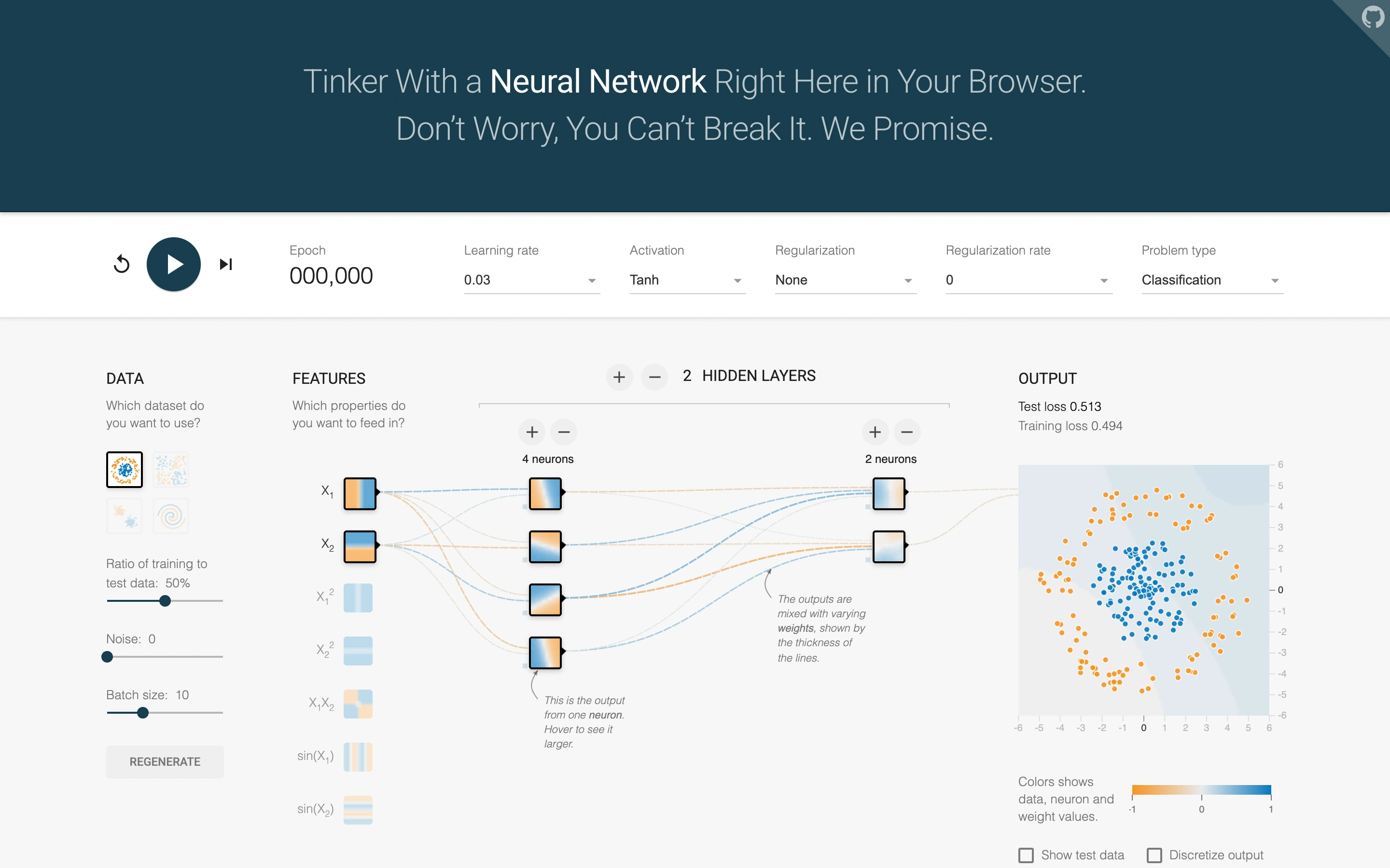 TensorFlow Playground — Network controls — captured interface