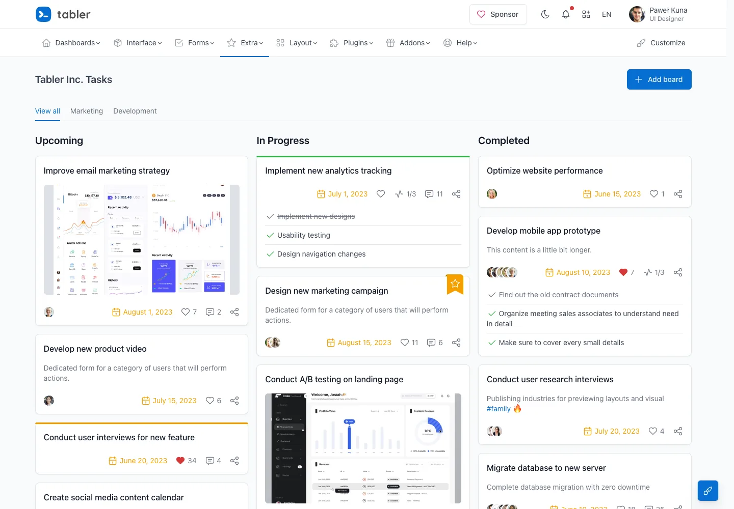 Tabler — Kanban board — captured interface