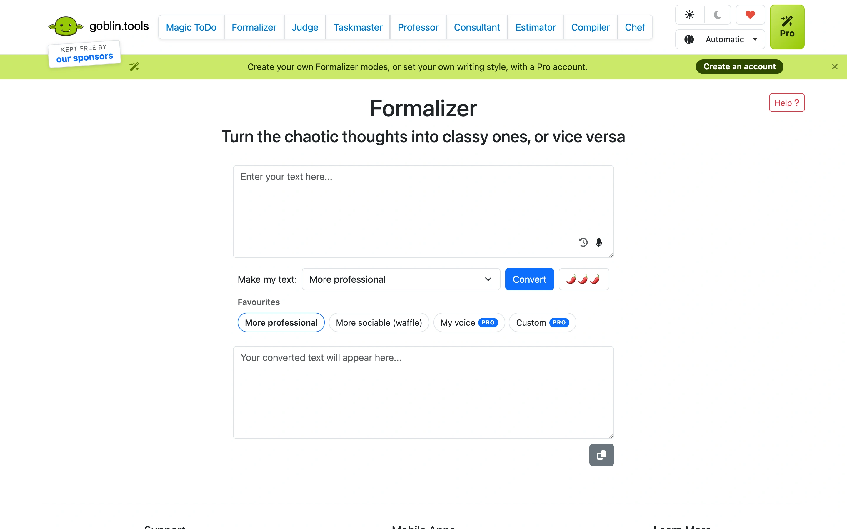 Goblin Tools — Formalizer — captured interface