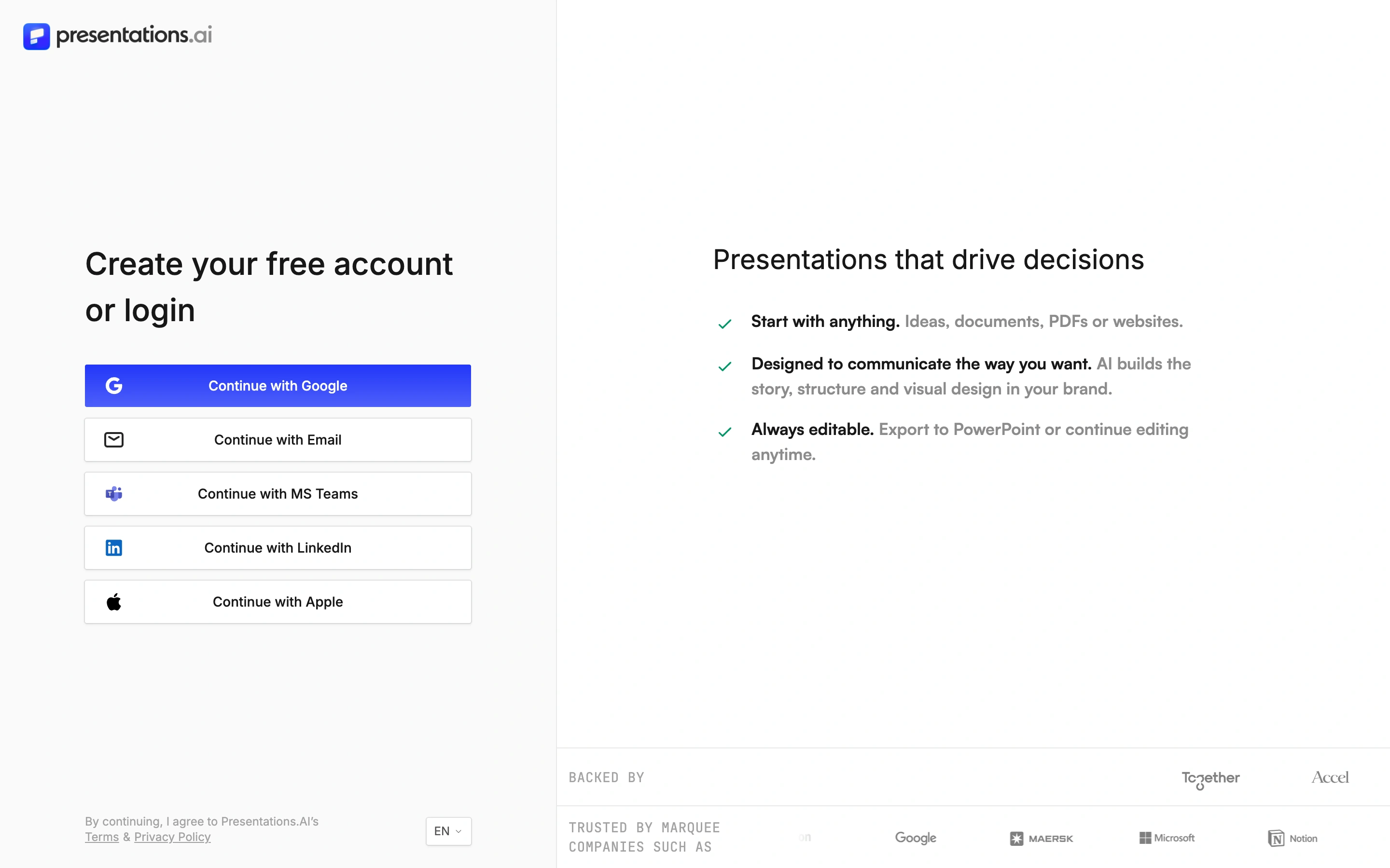 Presentations.AI — Account entry — captured interface