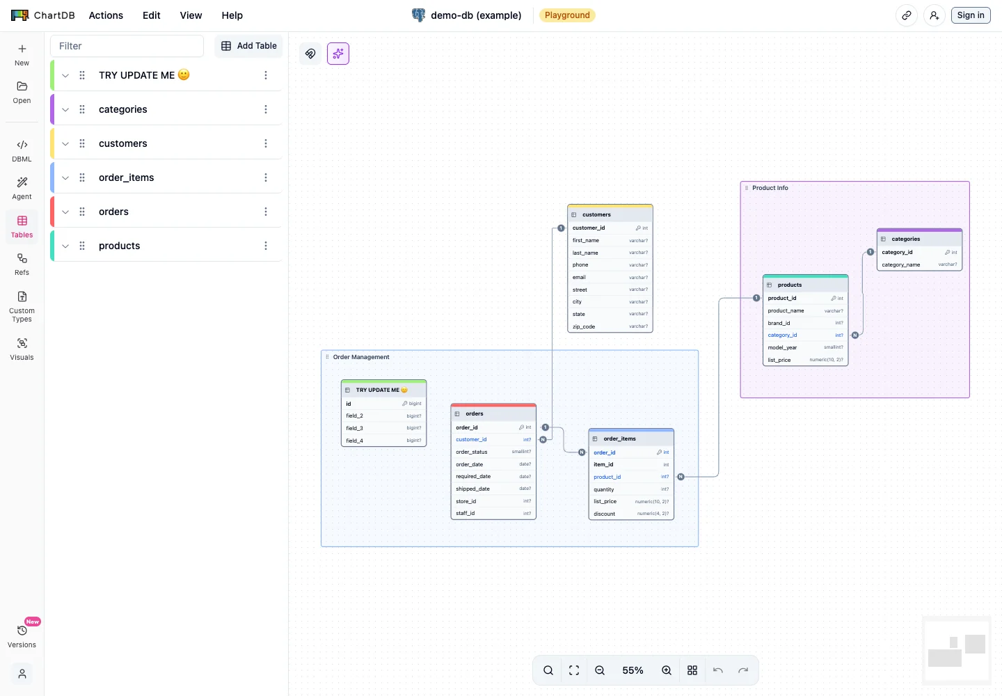 ChartDB — Example database diagram — captured interface