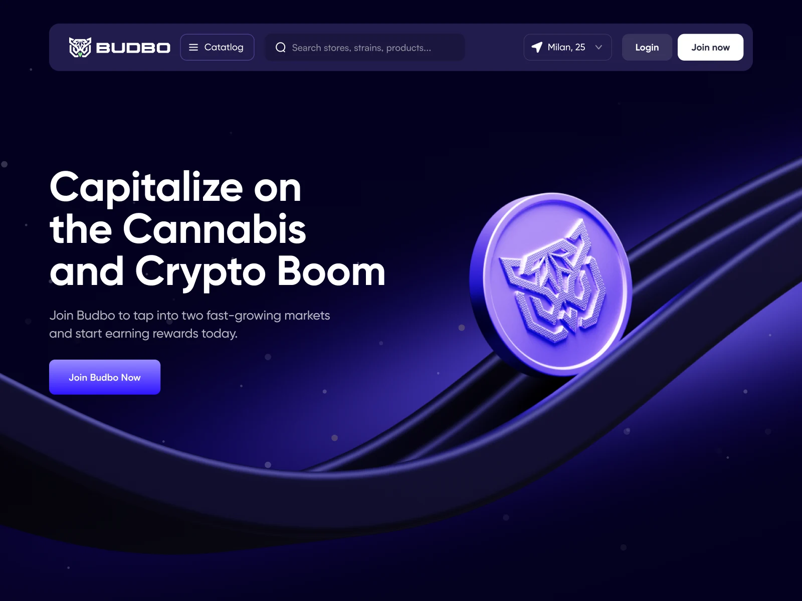 Budbo 3D landing page hero section coin icons preview