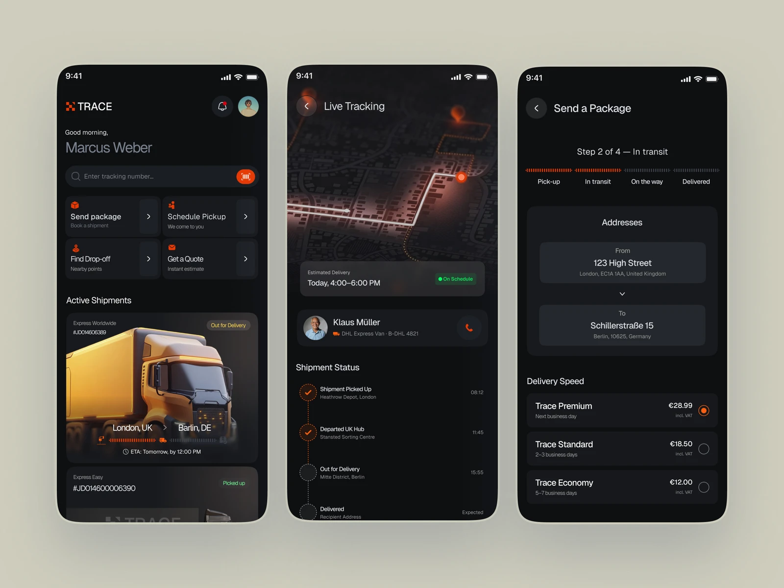 Dark Mode Delivery App — Live Tracking & Package Management preview
